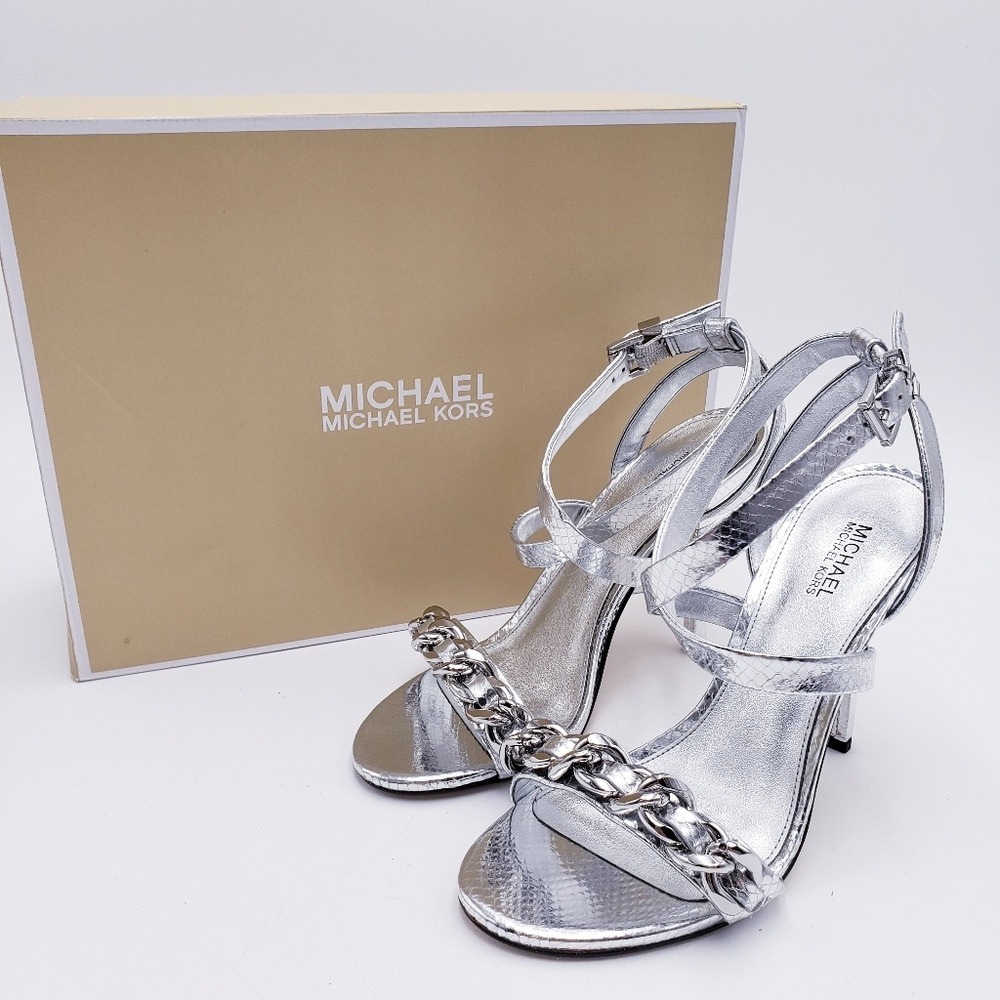 MICHAEL Michael Kors Sandals‎ Silver Chain Embossed Stiletto Heels 5M